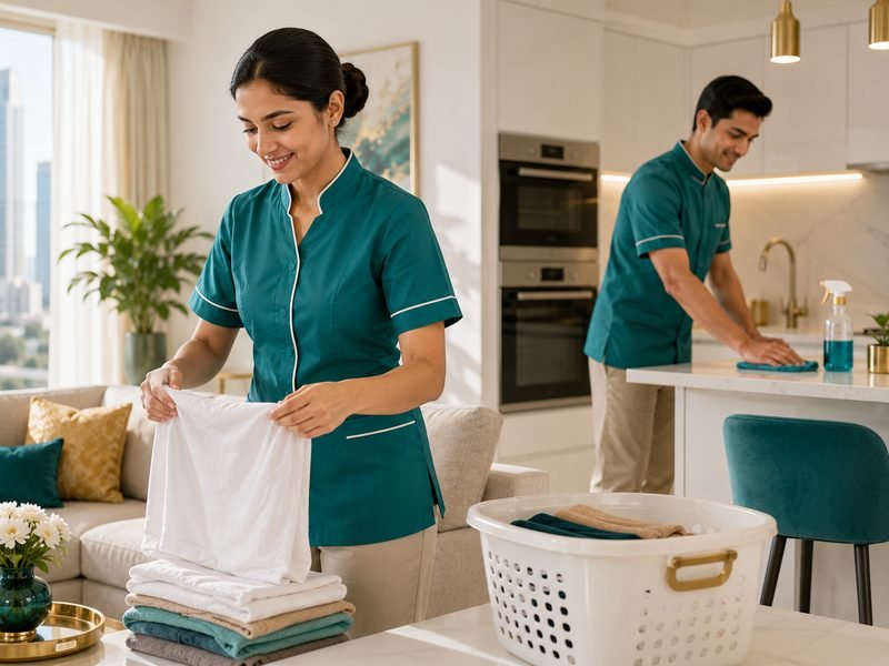 Trained domestic helper organizing a tidy modern home